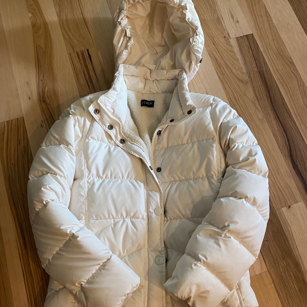 J. Crew White Down Puffer Jacket Fleece Lining Removable Hood Size Large